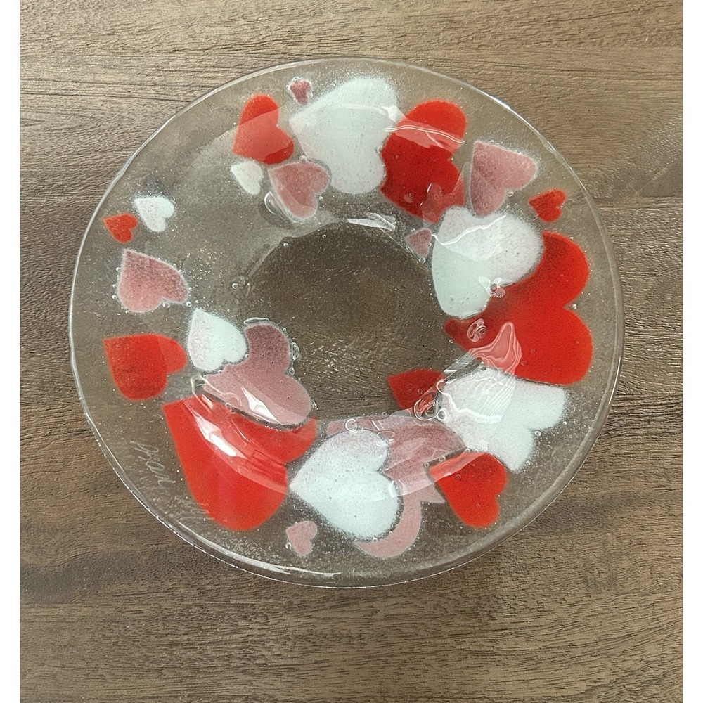 Peggy Karr Fused Glass Bowl Valentine Hearts 8.5" Serving Dish Textured Art